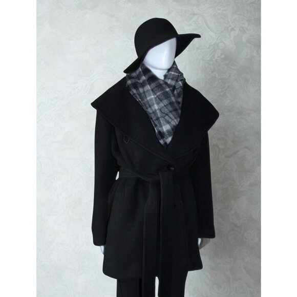 ELLEN TRACY Wool/Angora Belted & Hooded Midi Wrap Coat in Black (Large) - Picture 4 of 13